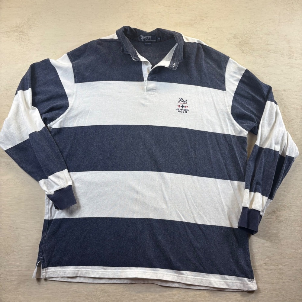VTG Y2K Polo Ralph Lauren Mens XL Blue Striped Fleet 1987 Rugby Shirt Preppy